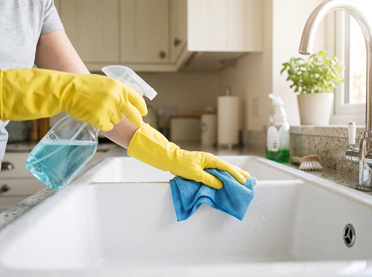 Gloved hands scrubbing a kitchen sink with a spray bottle and a cloth