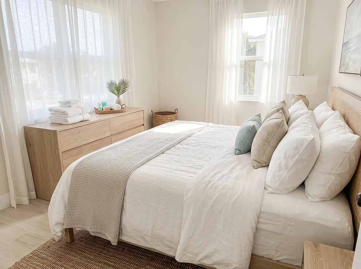 A freshly made bed with folded towels in a short-term rental bedroom