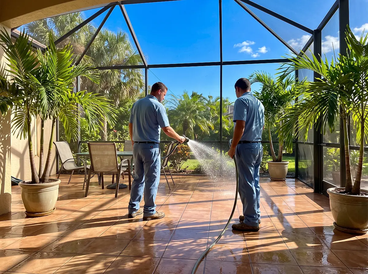 Two cleaners rinsing the tiled floor of a screened lanai