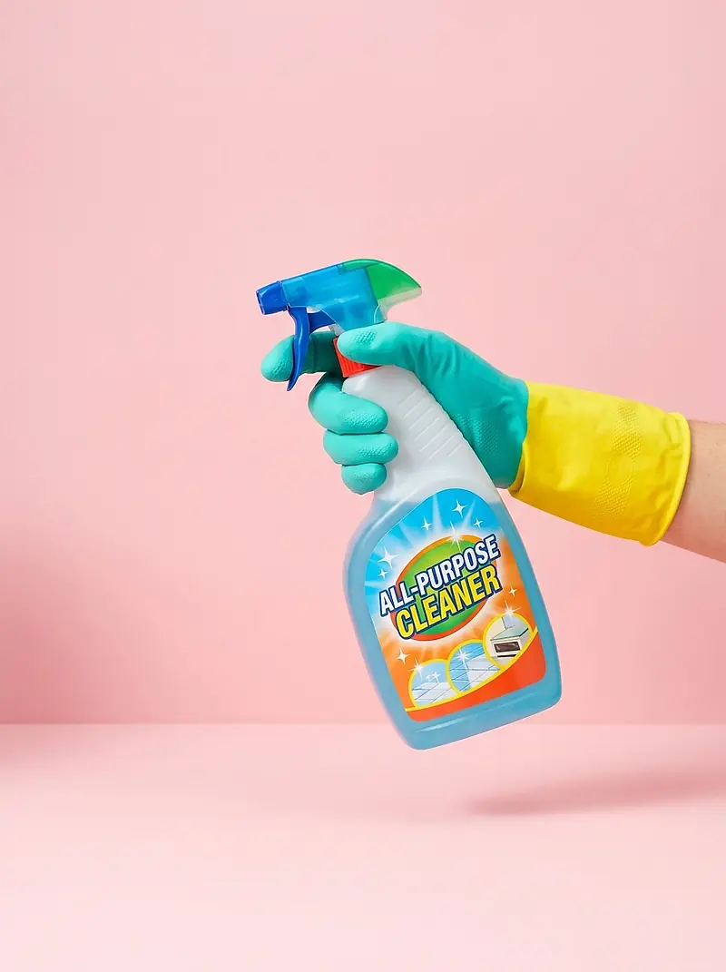 A gloved hand holding a bottle of all purpose cleaner