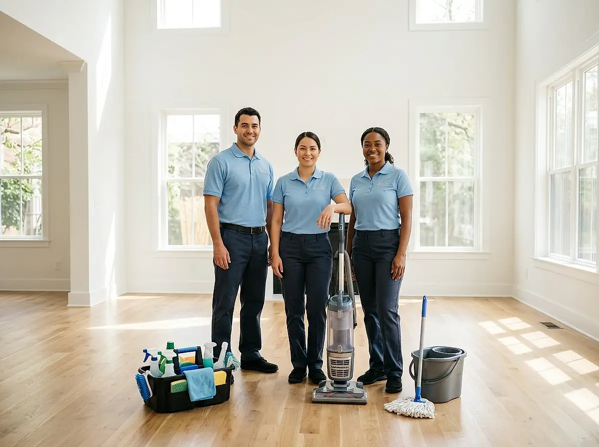 Three cleaners with their equipment in a bright empty living room