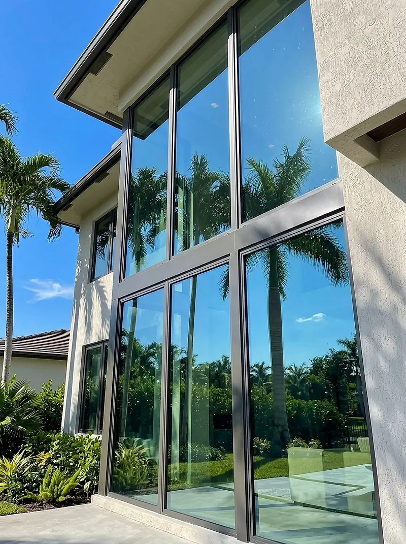 Clean glass windows on a modern Tampa home reflecting palm trees