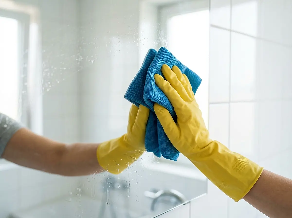 A cleaner wiping a bathroom shower with a cloth