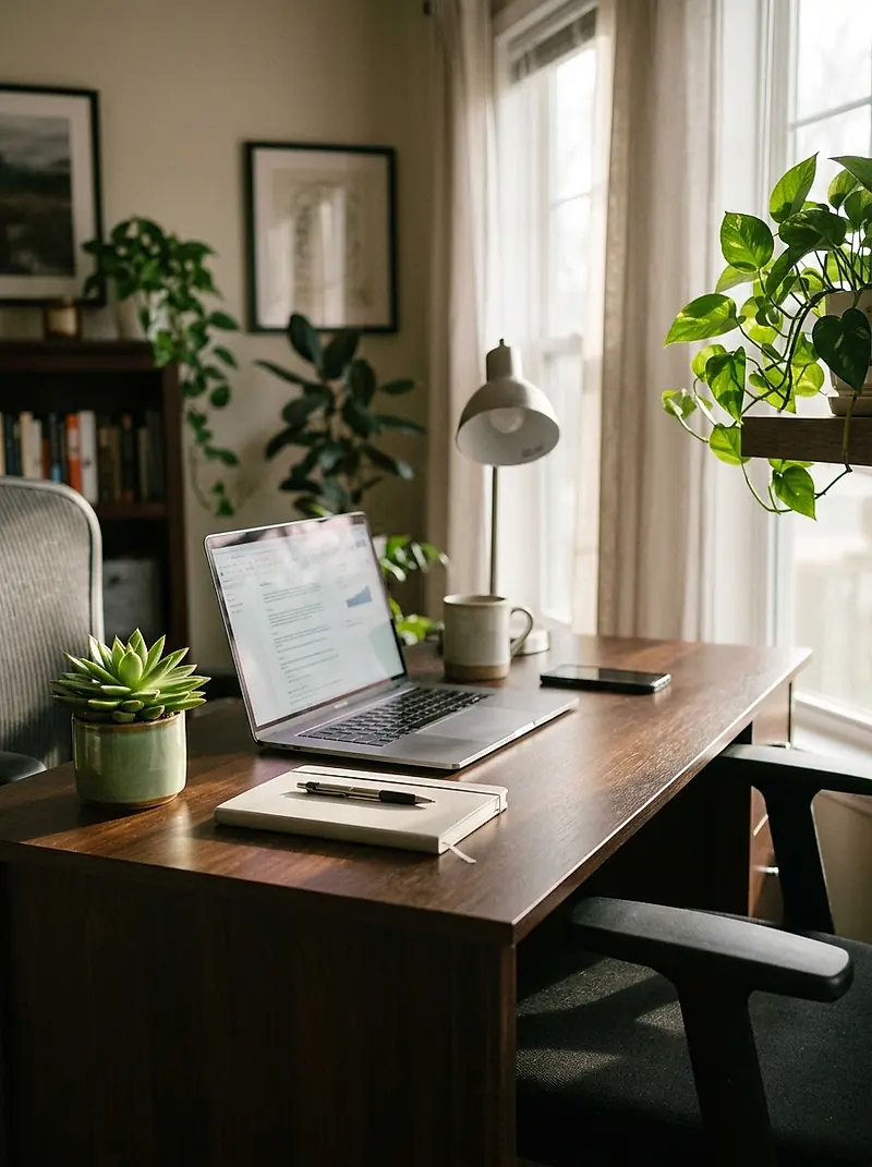 A tidy home office desk after a cleaning visit