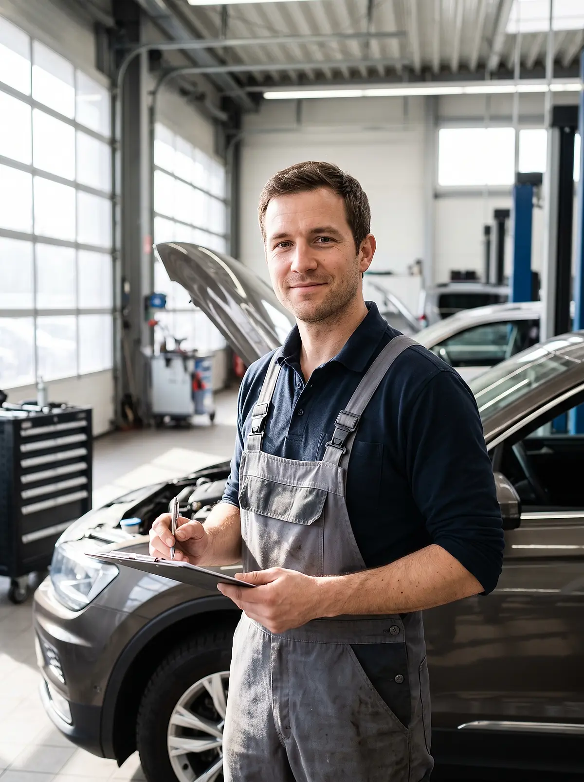 A technician in grey overalls checking a job sheet beside a car in the Iron Gate workshop