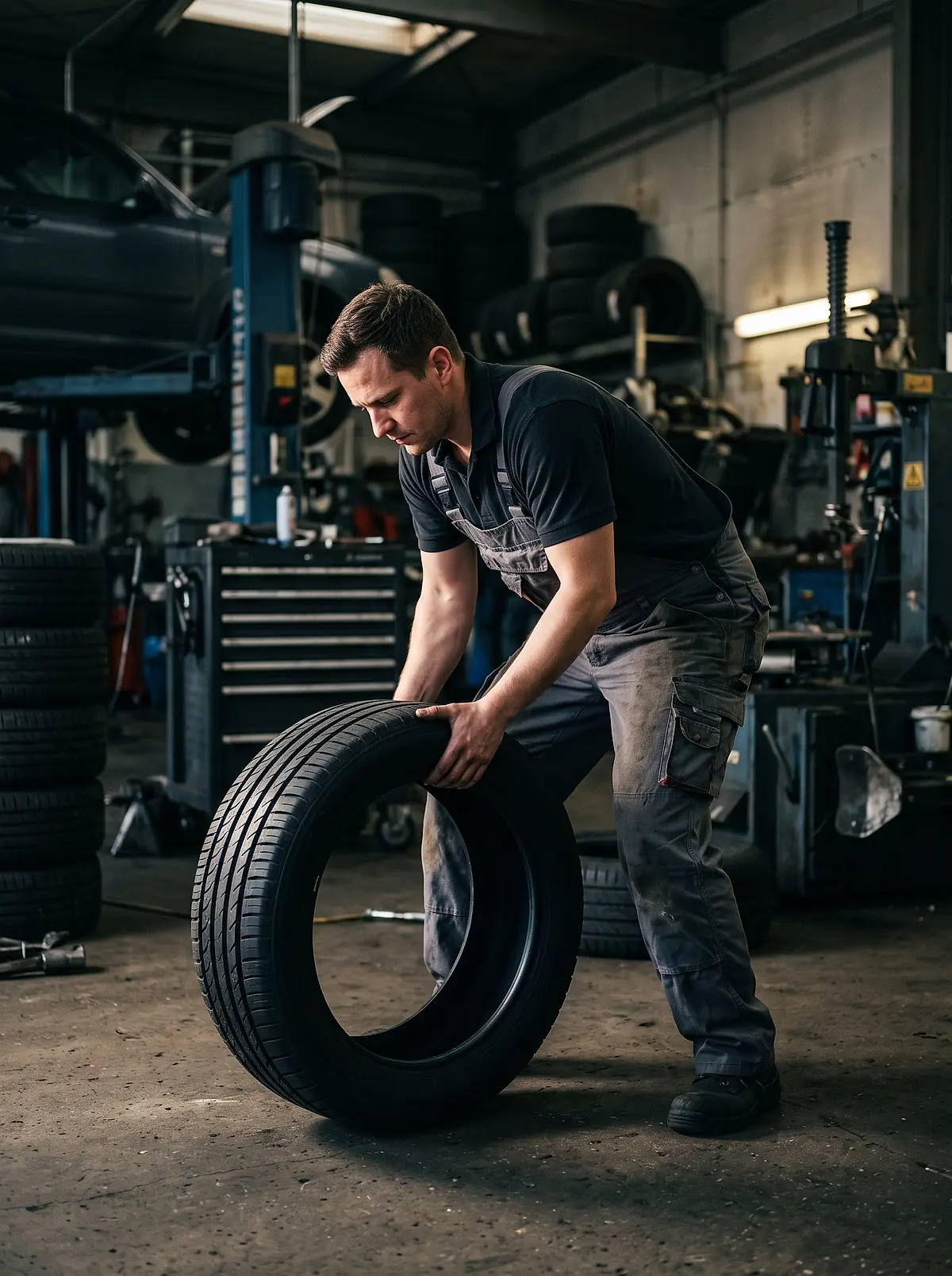 A technician lifting a new tyre in the workshop