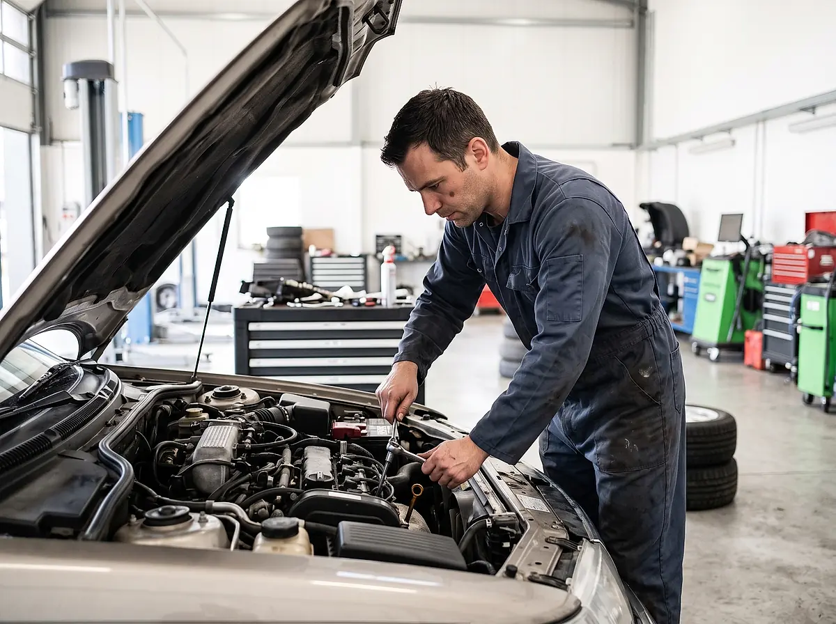A mechanic leaning over an open bonnet to check an engine