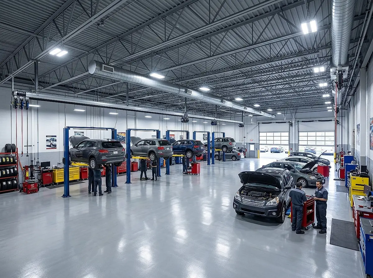 The Iron Gate workshop with cars raised on lifts in the service bays