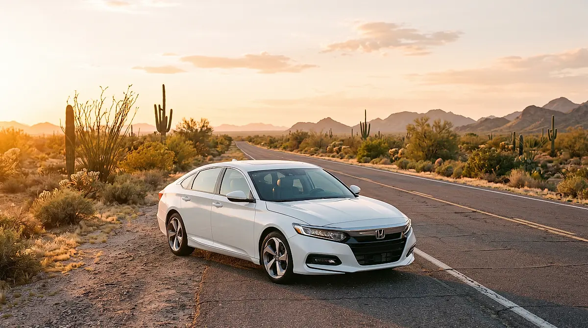 A clean white sedan parked on a desert road outside Phoenix