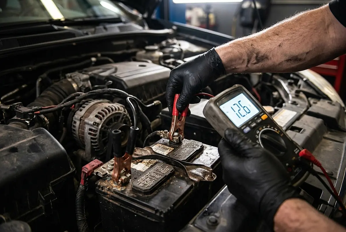 A multimeter testing a car battery and charging system