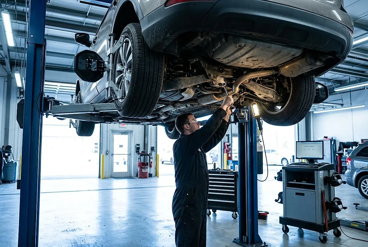 A car raised on a workshop lift for a wheel alignment