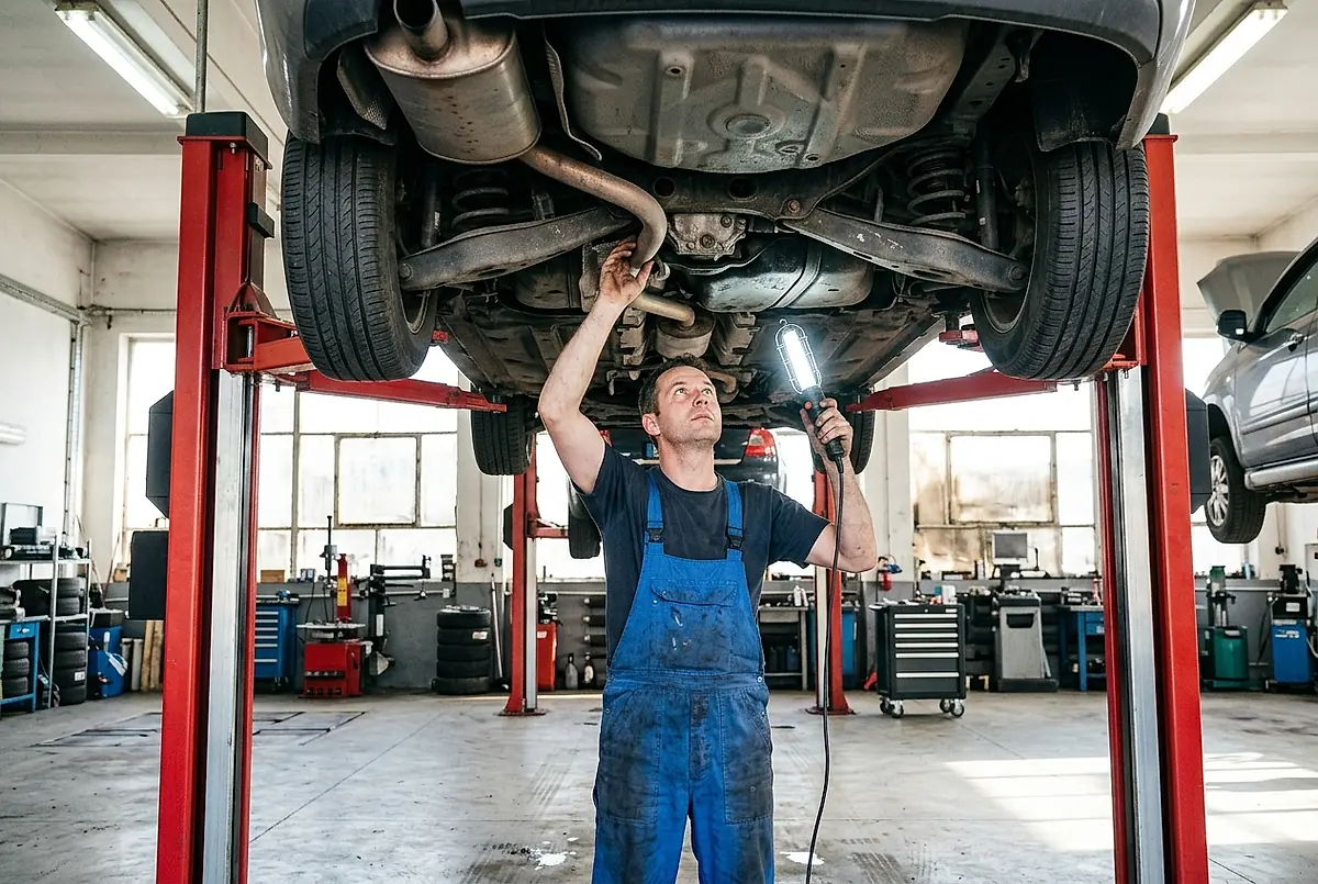 A mechanic checking the underside of a car raised on the lift