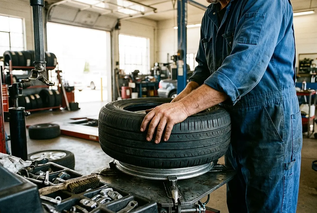 A mechanic fitting a new tire onto a wheel