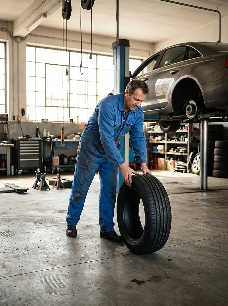 A mechanic rolling a new tire across the workshop floor