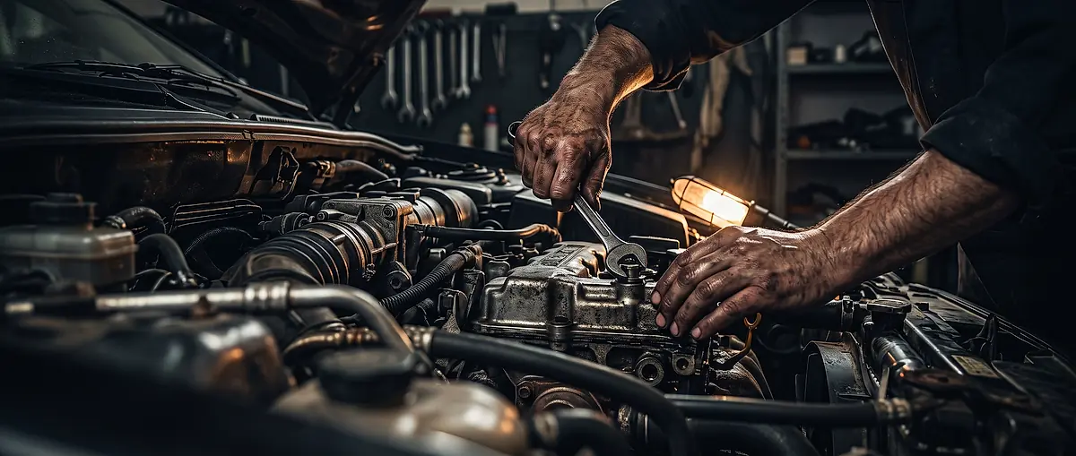 A mechanic working on an engine with a wrench