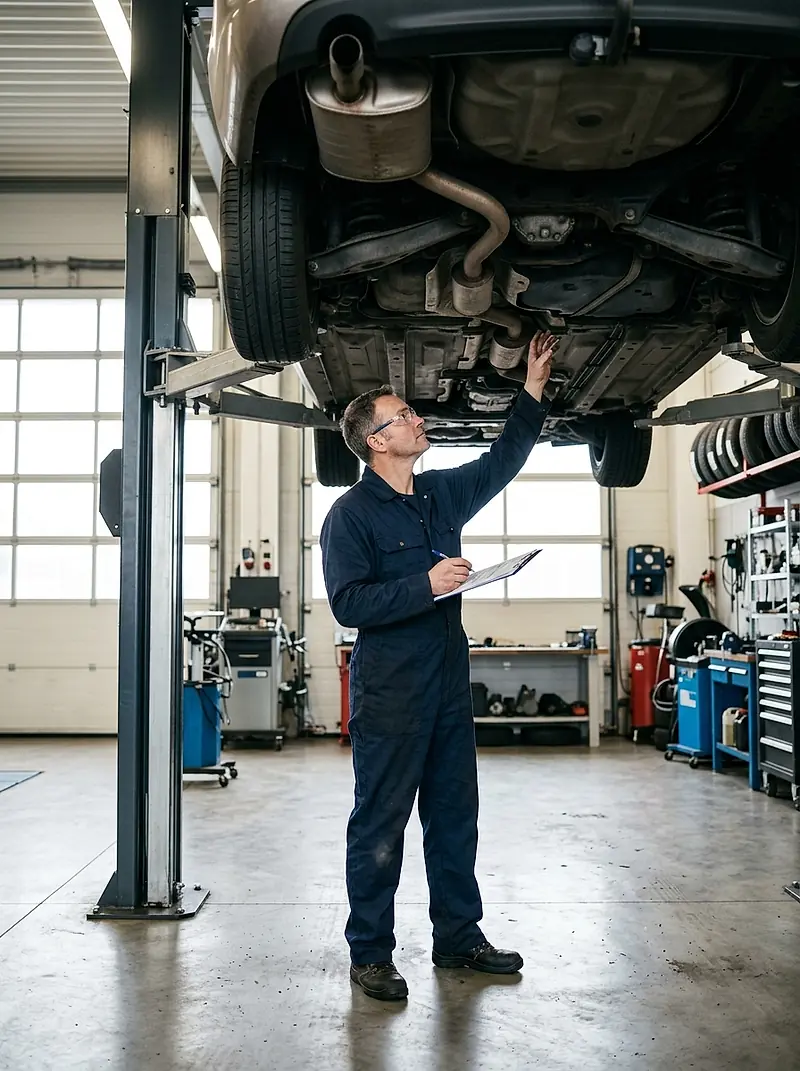 A mechanic inspecting a car raised on the lift