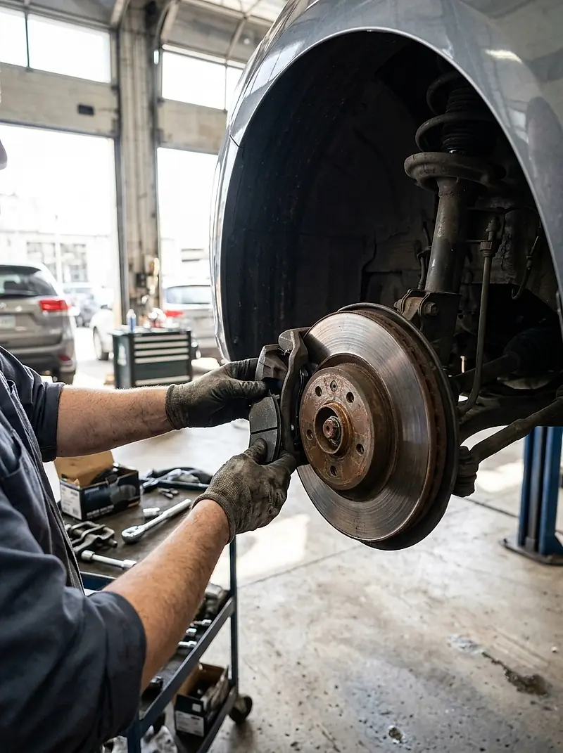A mechanic replacing brake pads with the wheel off