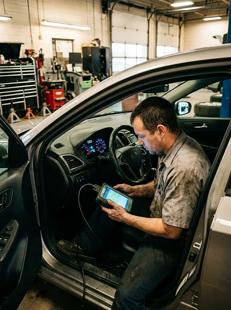 A mechanic reading a diagnostic scan tool