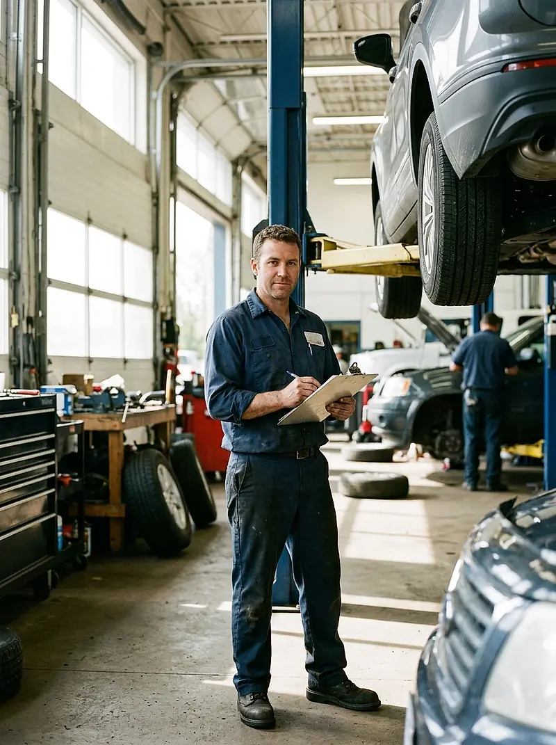 A mechanic with a clipboard standing in the Bluecrest workshop