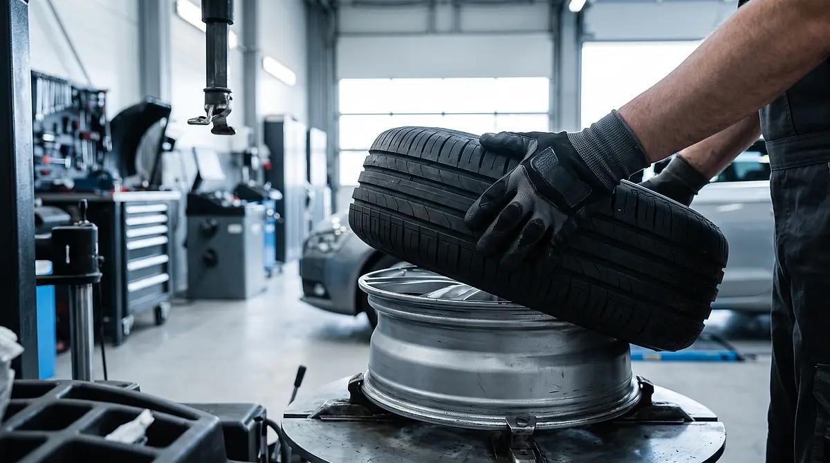 A technician fitting a new tyre onto the alloy wheel of a European car in the workshop