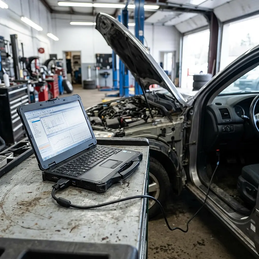 A laptop running diagnostic software on a car in the workshop