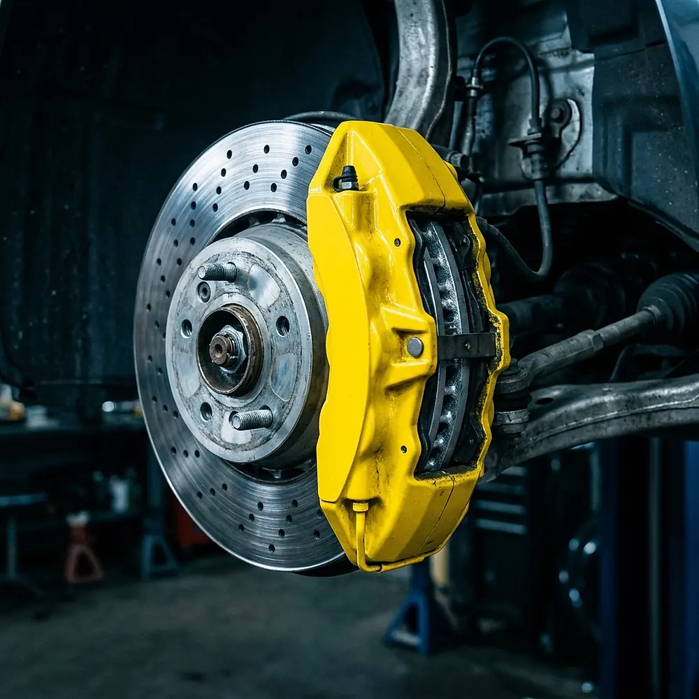 A brake caliper and disc on a European performance car