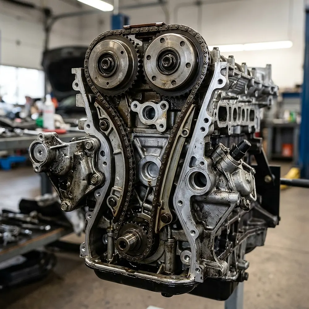 An engine with the timing chain and camshaft sprockets exposed