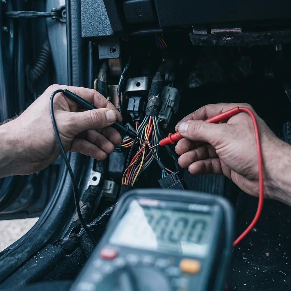 A multimeter testing the wiring loom inside a car