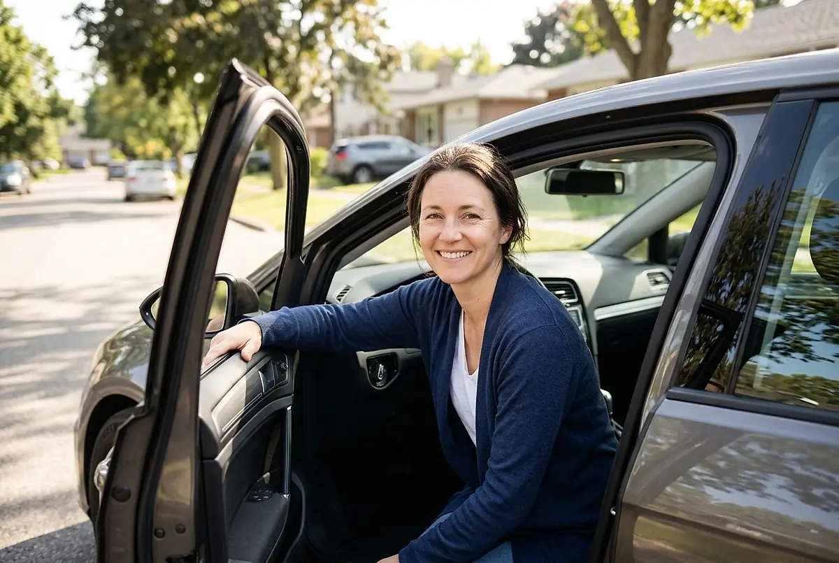 A customer sitting in the driver's seat of her car after a repair