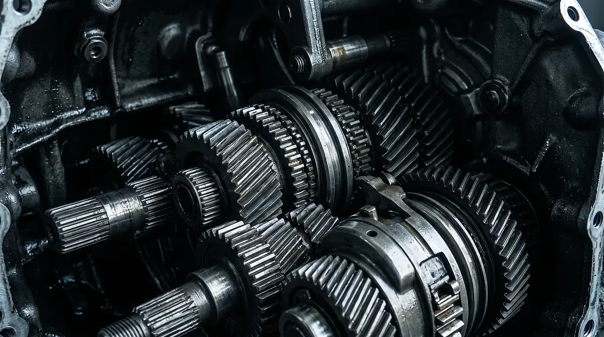 The inside of a stripped gearbox, with stacked steel gears and shafts