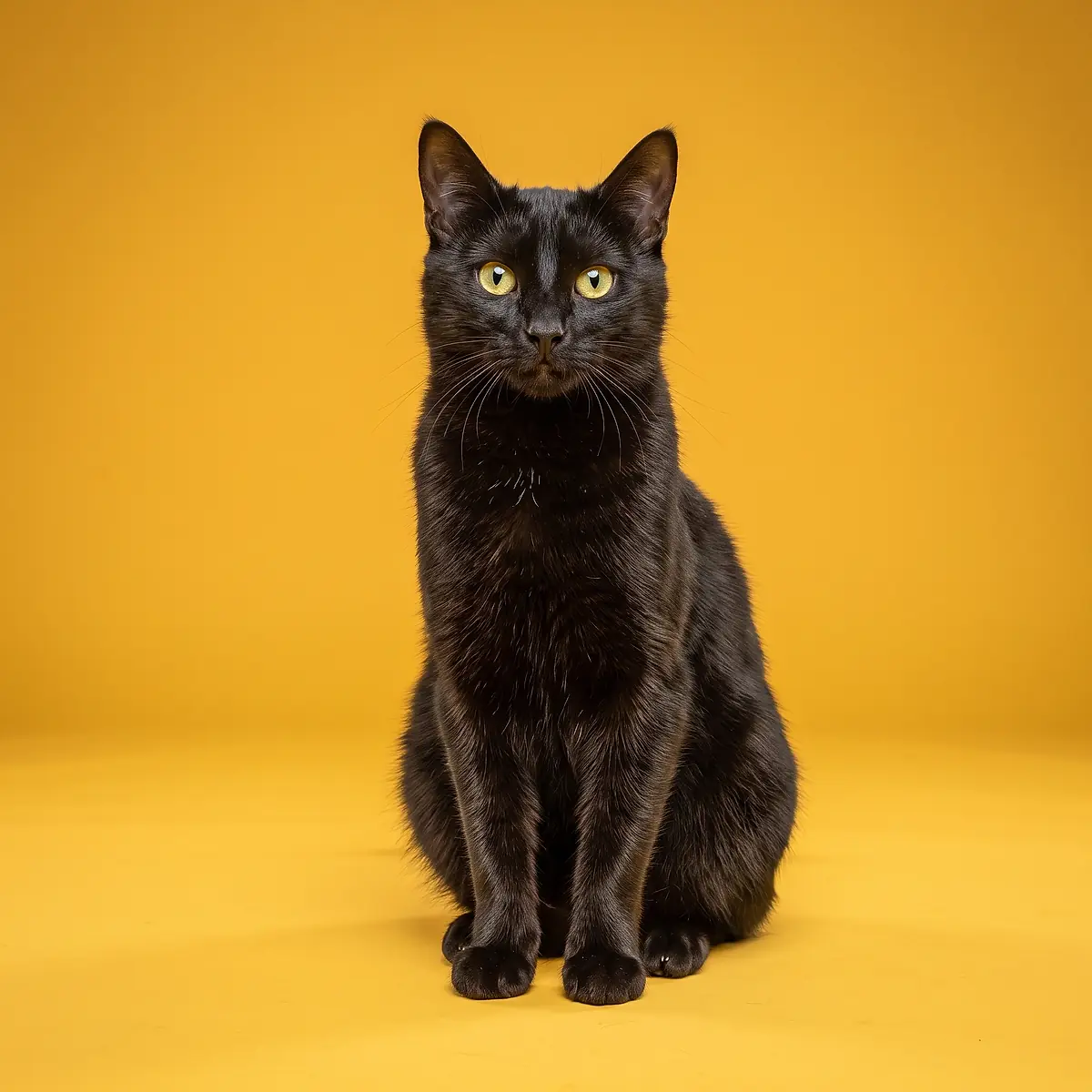A black cat sitting on a yellow backdrop