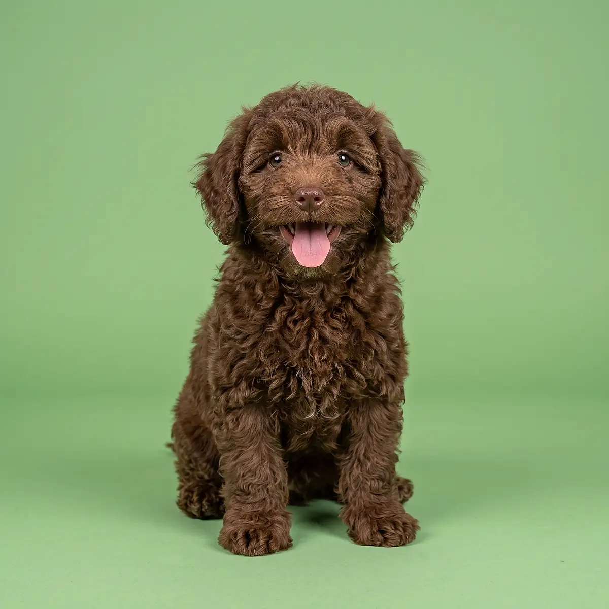 A brown curly coated doodle puppy with its tongue out on a green backdrop