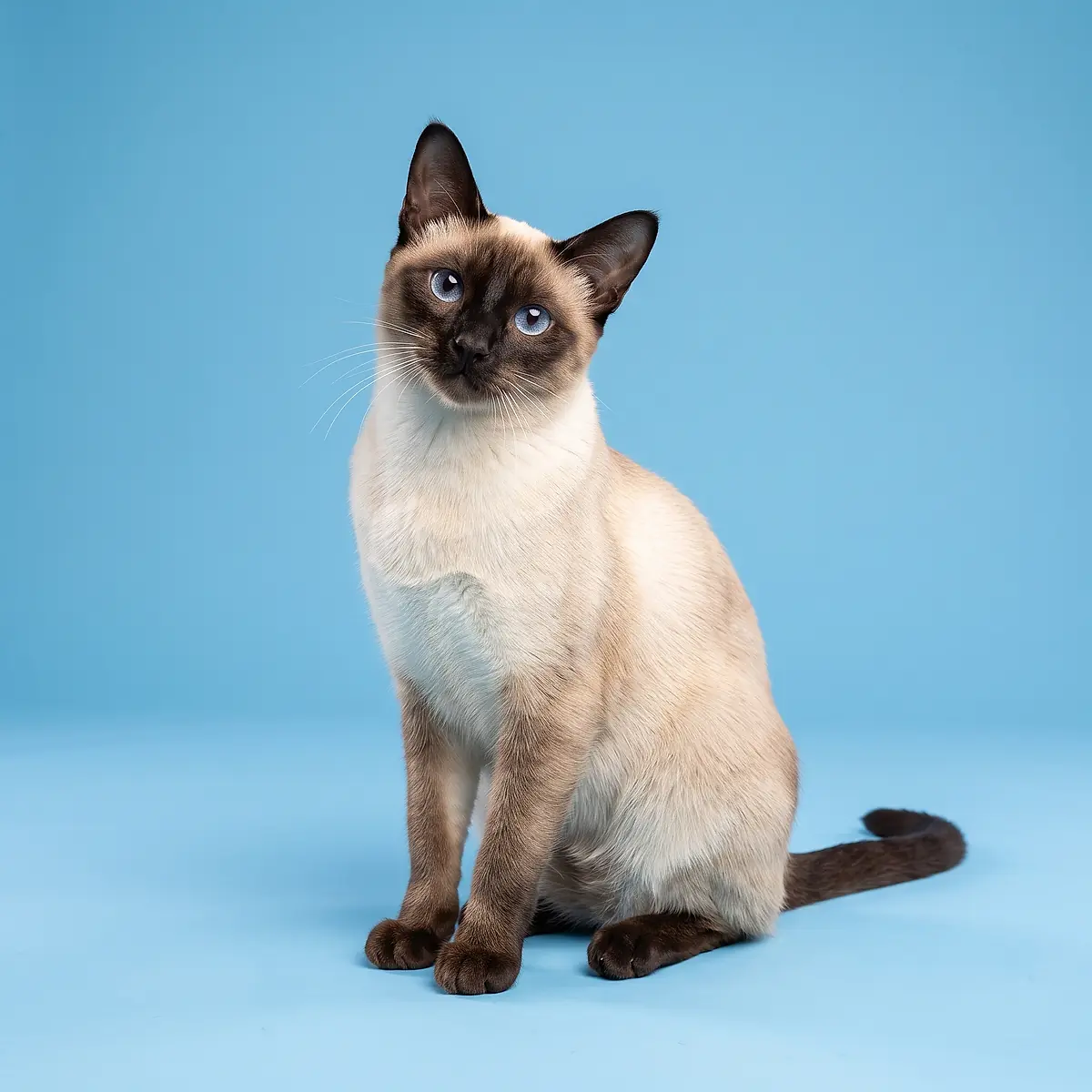 A cream and chocolate point Siamese cat sitting on a blue backdrop