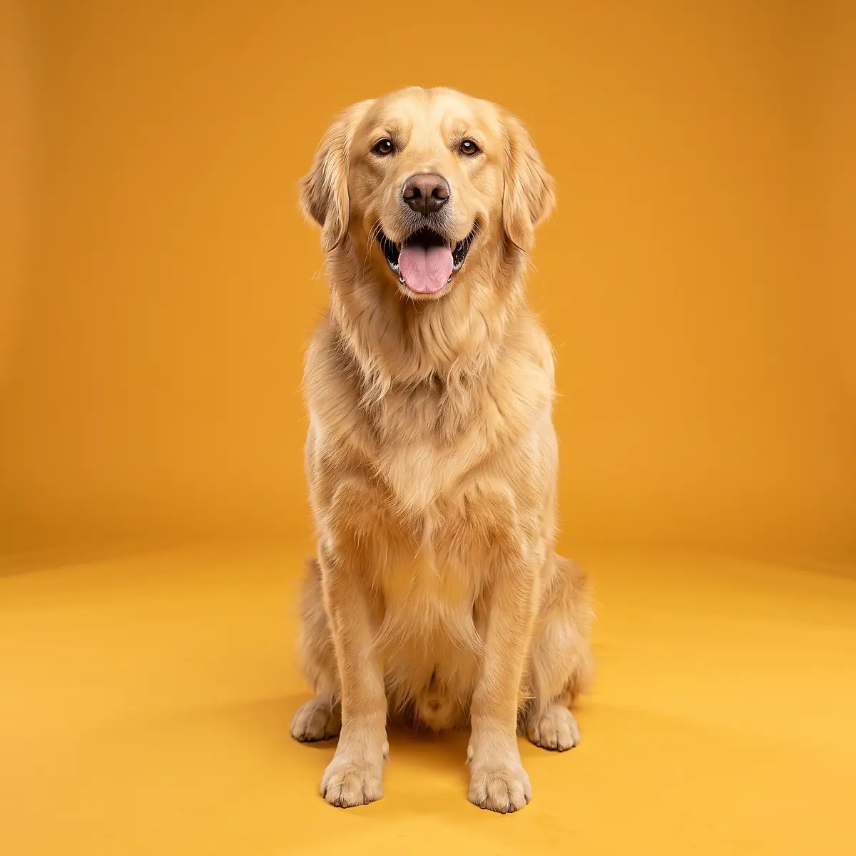 A golden retriever sitting with a freshly brushed coat on a yellow backdrop