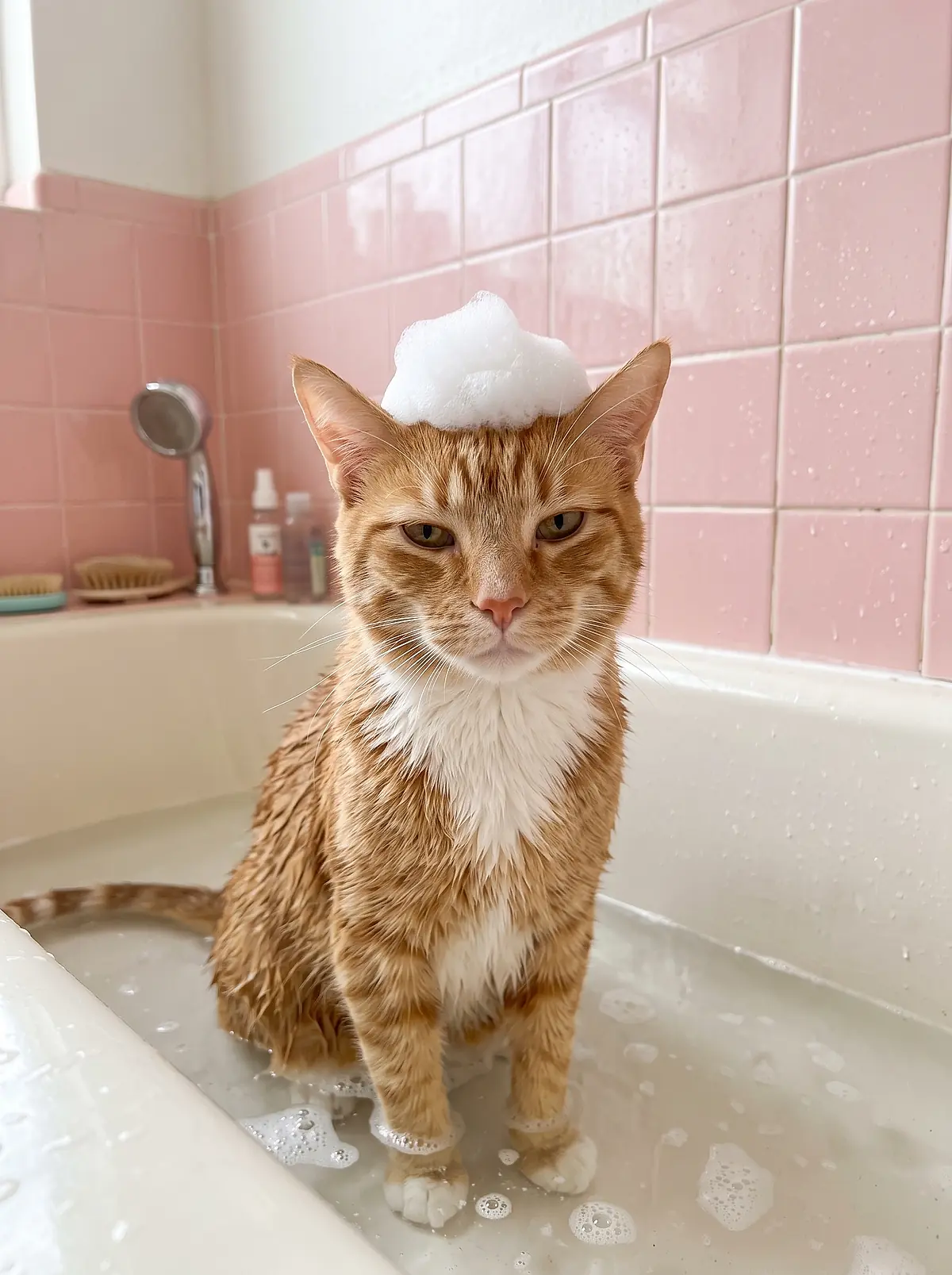 An orange tabby cat in the bath with a cap of shampoo foam on its head