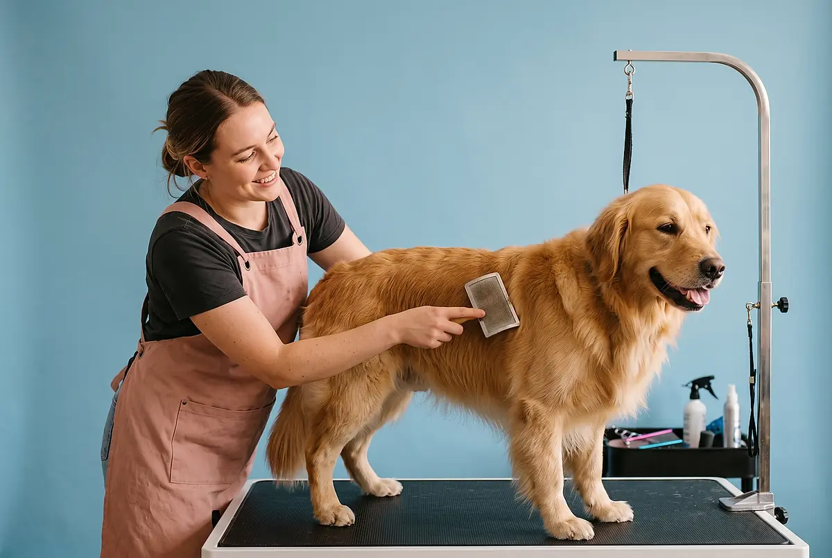 A groomer brushing a golden retriever on the grooming table