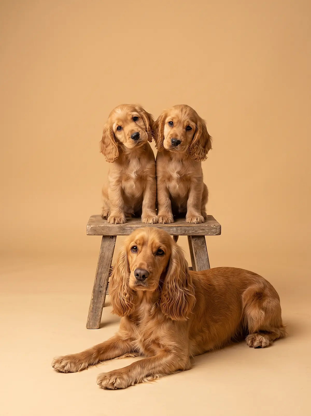 Two cocker spaniel puppies on a stool with an adult spaniel lying in front