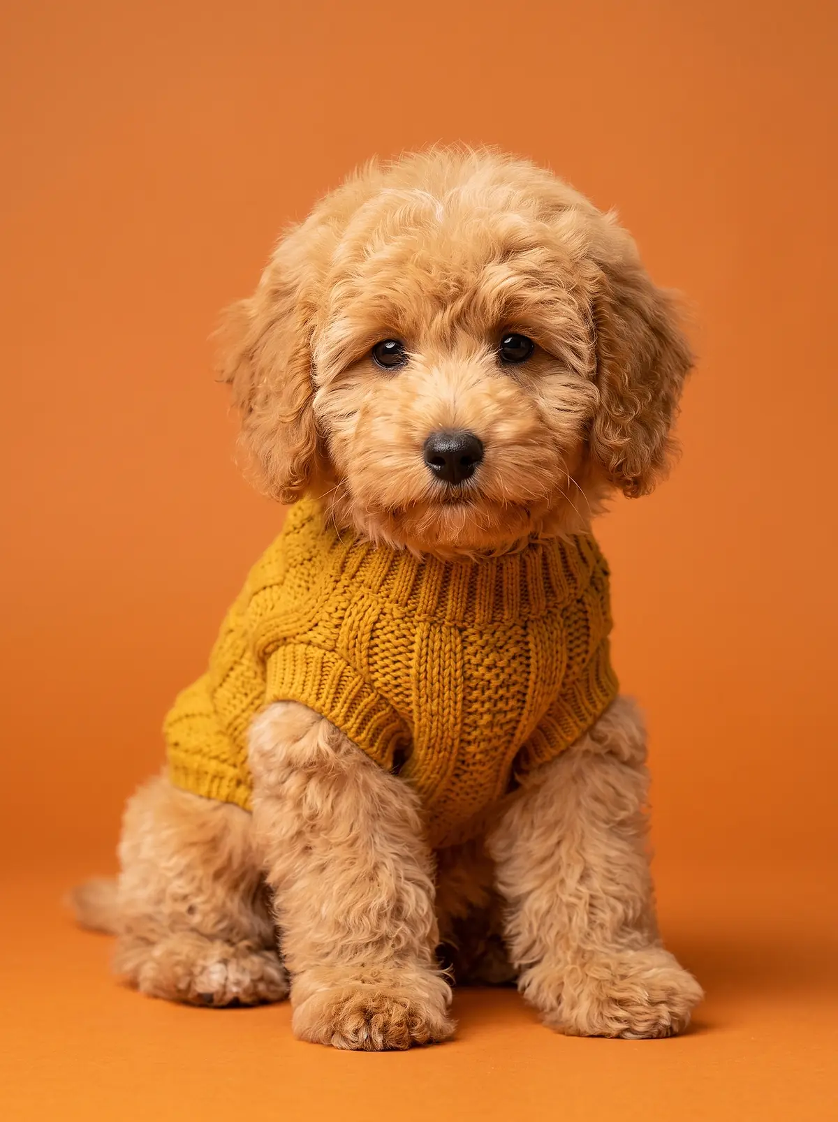 An apricot doodle puppy in a knitted sweater after hand scissoring