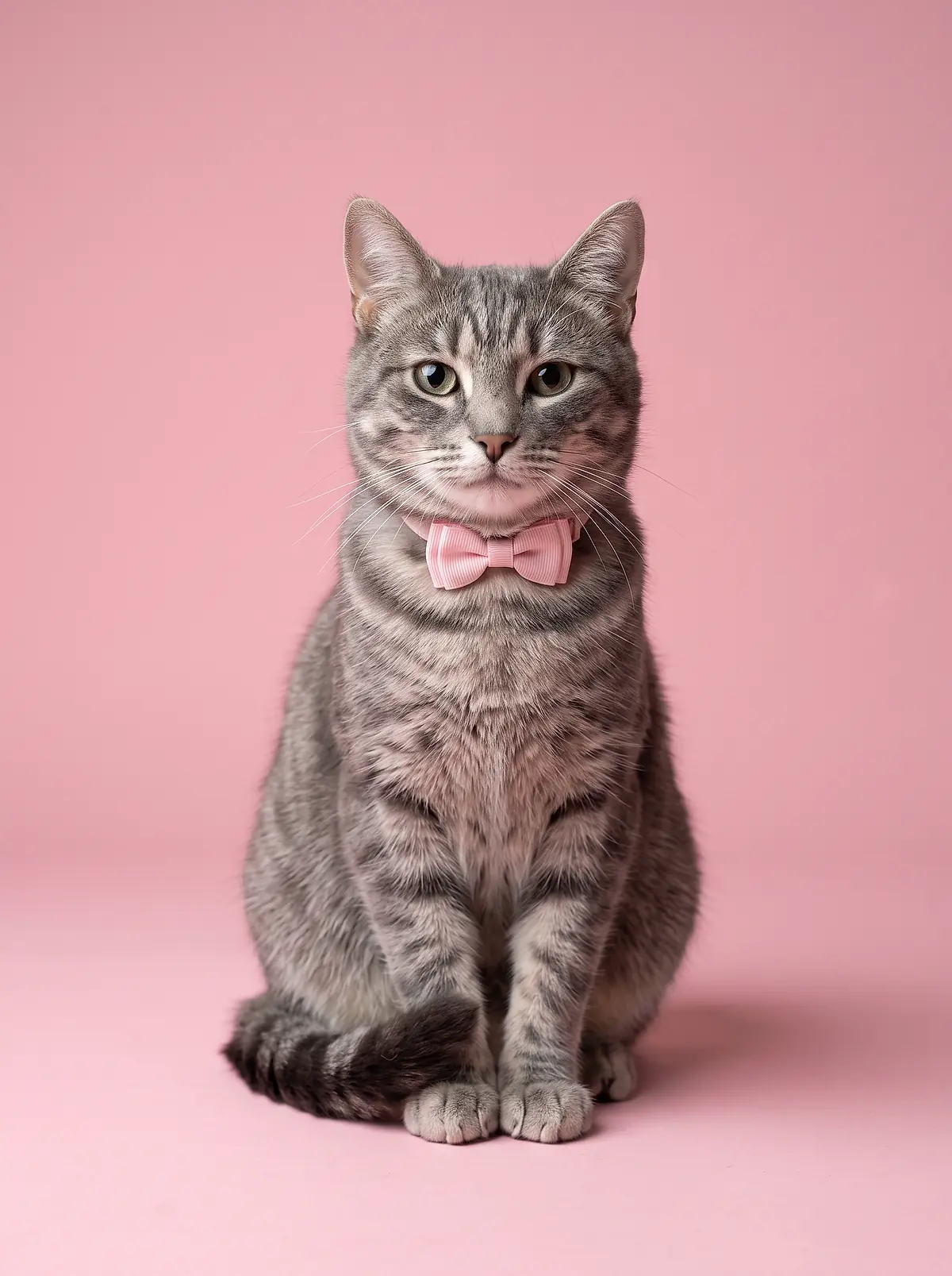 A grey tabby cat in a pink bow tie collar after a bath