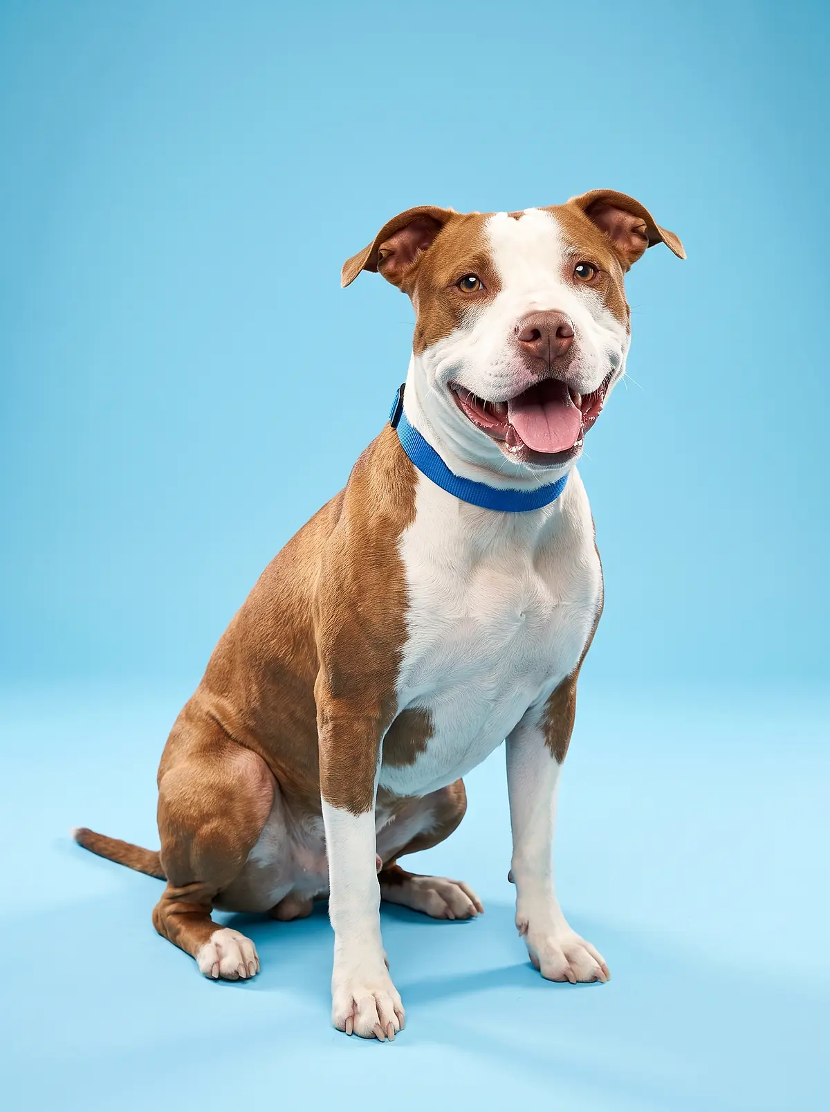 A brown and white dog with a blue collar after a bath and nail trim