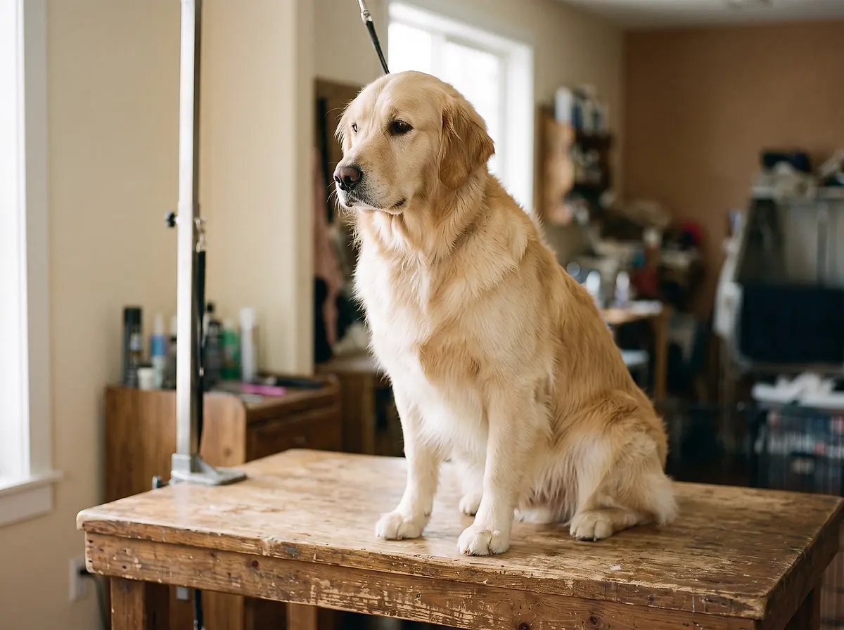 A golden retriever sitting on the grooming table with a freshly brushed coat.