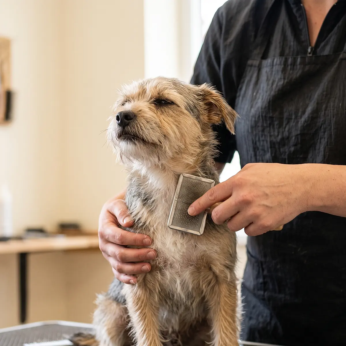 A groomer brushing the chest of a small scruffy terrier who is standing quietly.