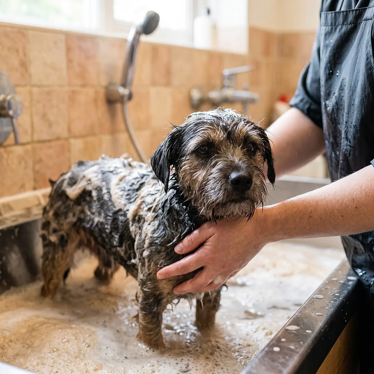 A small dog standing in a warm bath with soapy water, a groomer's hands supporting its chest.