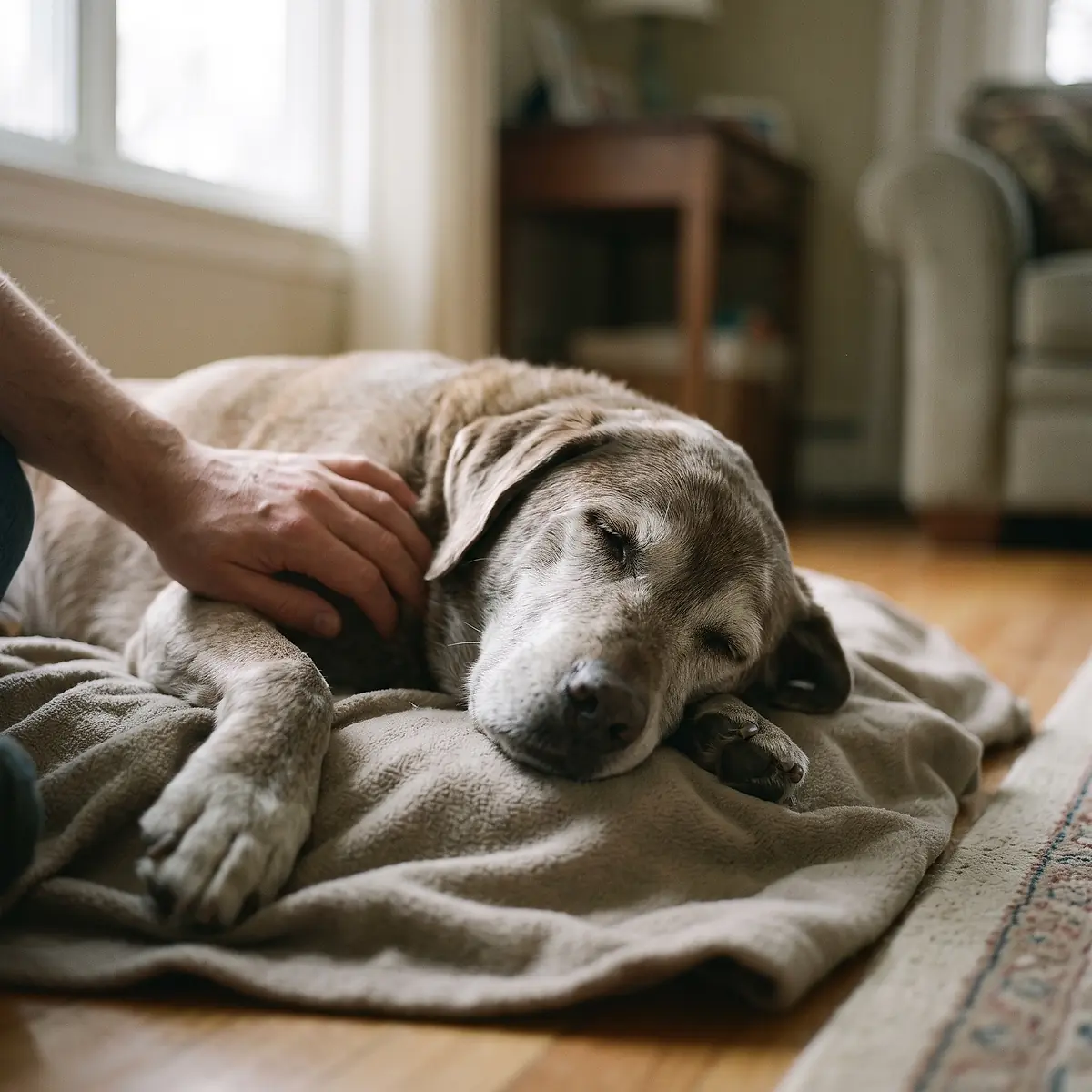 An older dog with a grey muzzle asleep on a blanket with a hand resting on its shoulder.