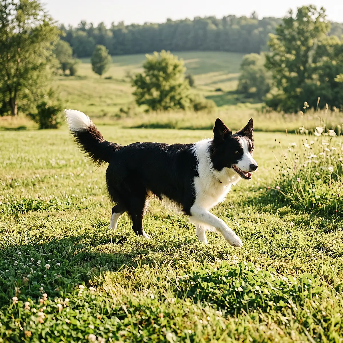 A border collie trotting across the grass in the yard.