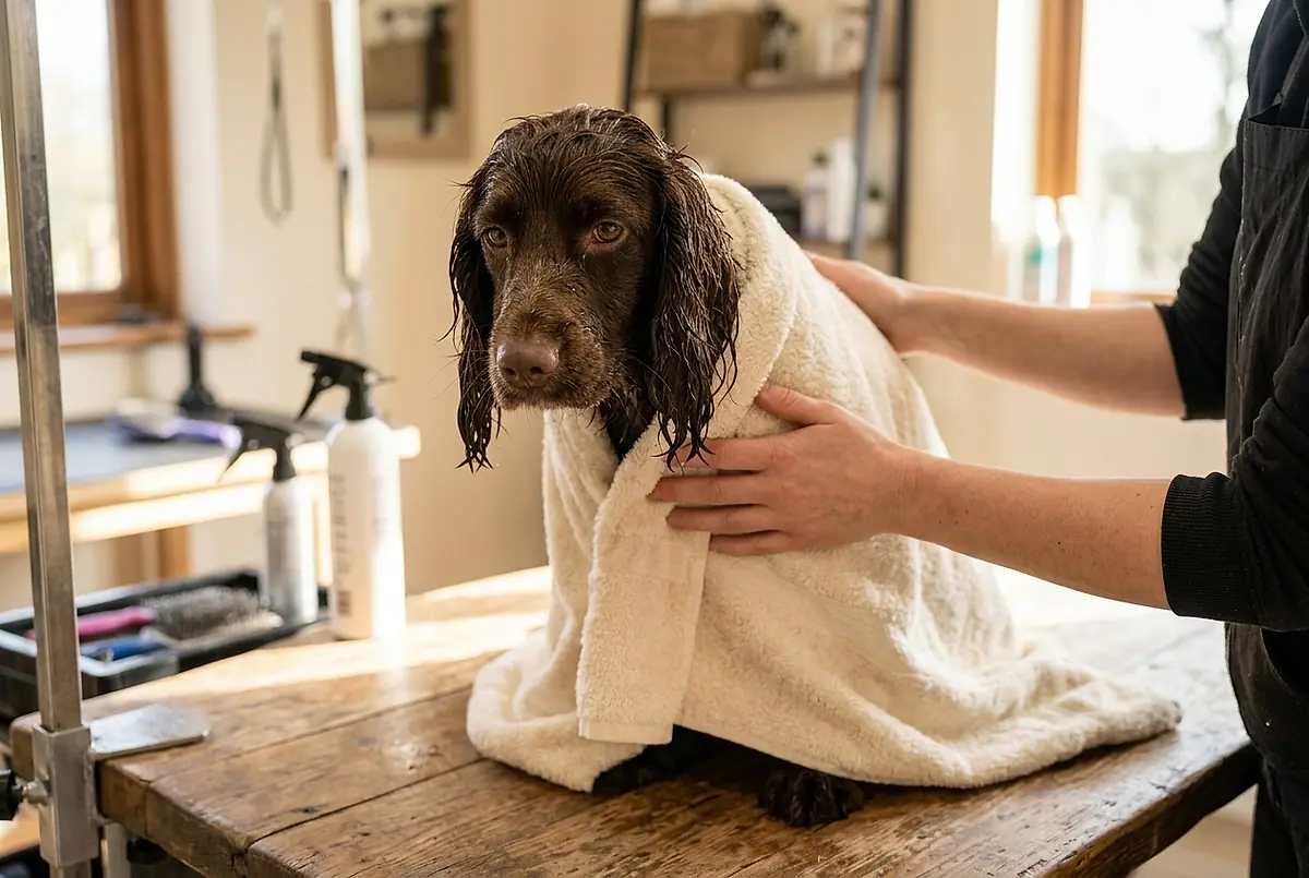 A wet spaniel being wrapped in a towel on the grooming table.