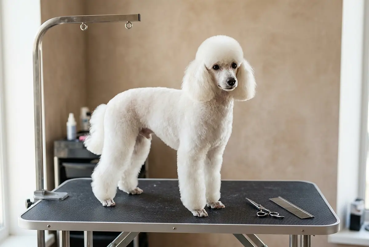 A freshly clipped white poodle standing on the grooming table with scissors and a comb beside it.