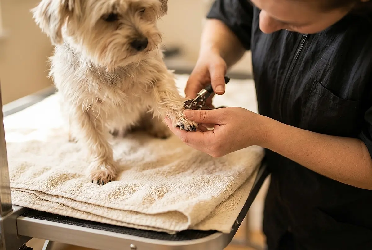 A groomer trimming a small dog's nails while its paw rests on a folded towel.