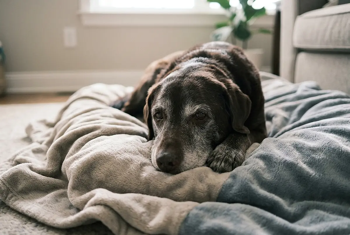 A grey muzzled dog resting on a blanket.