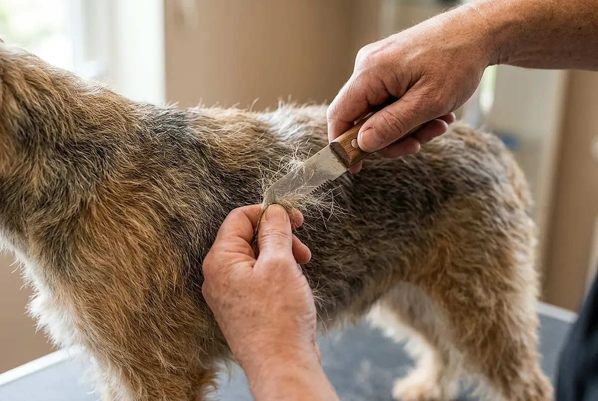 A groomer working a stripping knife through a terrier's wiry coat.
